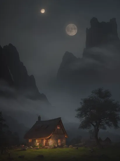 a house with a thatched roof and a full moon in the background with a fence and trees in the foreground, Artur Tarnowski, atmospheric lighting, a detailed matte painting, fantasy art, cosy rustic thatched cottage with smoke coming from a chimney, rugged landscape in the background, bokeh in the foreground, full moon in the sky, golden hour, volumetric lighting, landscape photography