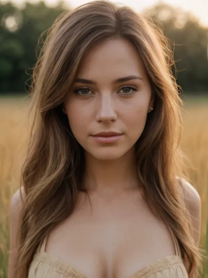(close-up:1.3) portrait photography of (woman:1.3) face, (solo:1.3), (looking at viewer:1.3), (eye contact:1.3), standing on grass field, front to viewer, cleavage, in golden hour, dusk, flat lighting, (soft saturation:1.2), analog style,  
