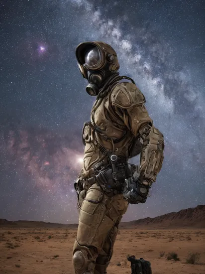 ((large title text)),(scifi book cover, art ), cowboy shot, a [cyborg terminator cybernetic polyalloy armor skin|shirtless] man, wearing a gas mask, in a desert, colorful hair, perfect face, (side view), [nice thighs::0.2], night time, starry night, galaxies and cosmos, magic explosions in background, cool atmosphere, 8k, uhd, absurdres, prominent outline linework, flat colors