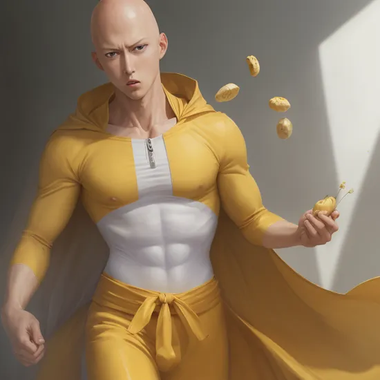 (masterpiece), (best quality), (photorealism),(HDR), (Hyperrealistic), Saitama from one punch man eating banana, yellow dress, white cape