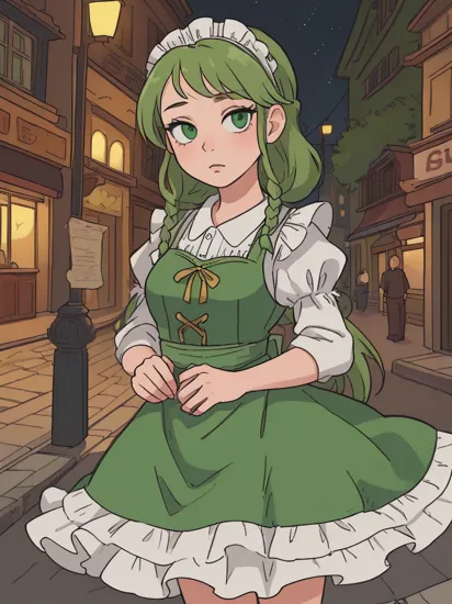 (masterpiece, best quality, high resolution:1.4), rapunzel, green eyes, braided hair, maid, looking at viewer, standing on street, night 