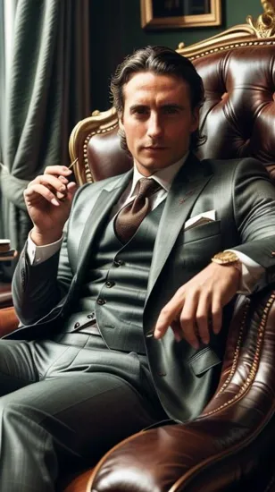 Charismatic man @Rocky, styled hair, dark suit with a cigar, sophisticated ambiance with a deep leather chair, fine drink in hand, rich colors and textures conveying opulence and charisma, an air of composed contemplation in a luxurious setting.