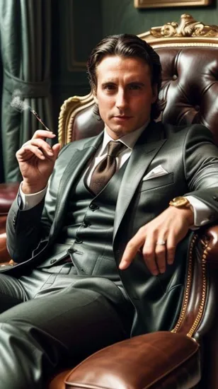 Charismatic man @Rocky, styled hair, dark suit with a cigar, sophisticated ambiance with a deep leather chair, fine drink in hand, rich colors and textures conveying opulence and charisma, an air of composed contemplation in a luxurious setting.