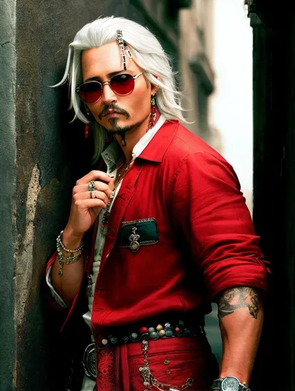 Johnny Depp, Intense gangster @JohnnyDepp, ((white hair and red shirt)), cool sunglasses, leaning against a darkened wall, a casual yet menacing posture, a timepiece around the wrist signifying power and control, a modern-day yakuza in a stylized representation, exuding confidence and danger.