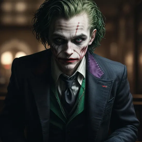 UHD, 4k, ultra detailed, cinematic, a photograph of  
Epic Creative Scene a man dressed as the modern joker with a bloody face Cinematic Hollywood Film Style, epic, beautiful lighting, inpsiring