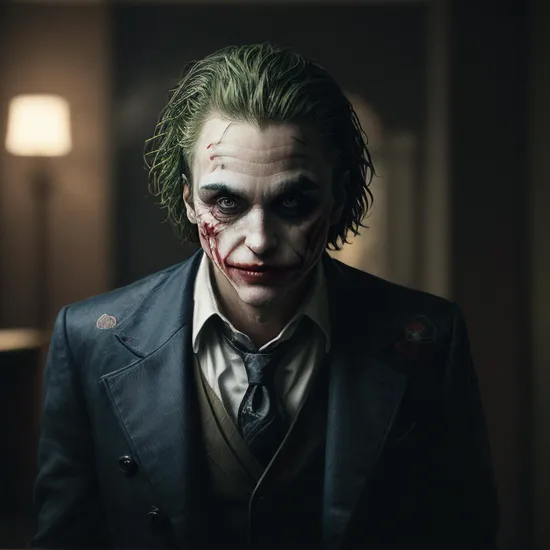 UHD, 4k, ultra detailed, cinematic, a photograph of  
Epic Creative Scene a man dressed as the modern joker with a bloody face Cinematic Hollywood Film Style, epic, beautiful lighting, inpsiring