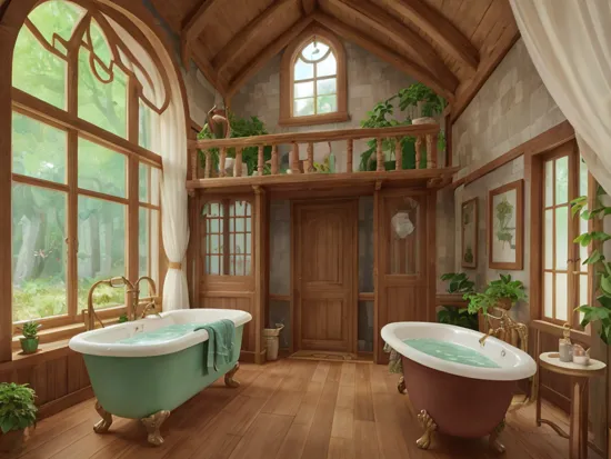 magicalinterior style, bathroom, bathing room, plant, scenery, window, tree, nature, bathtub, forest, mirror, bath, faucet, water, house interior, indoors, cottage interior, treehouse interior, dark, gothic, Goth, luxury, fantasy, magic, Harry Potter, Slytherin, Lord of the rings, LOTR