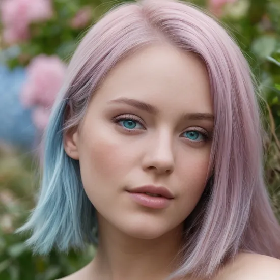Beautiful portrait photography of a young woman in her garden, cyan flower in her gradient blue - pink hair, green eyes, ultra realistic, professional shot, beautiful, realistic, 4k, ultra detailed, intricate