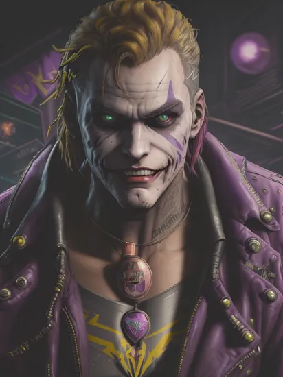 The Joker from Batman,spotlight, (cyberpunk 2077:1.4),silhouette,looking at viewer,(mentally destroyed laughter:1.1),portrait,deatailed face,cyberpunk 2077 background,dark neon background,  