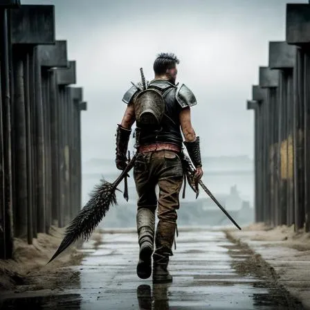 Turn into a Warrior from Mad Max. With a sword and armor with blood splashed on it walking around is something that looks like purgatory.With people in hands reaching out the ground