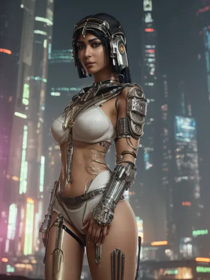 Professional RAW sensual Photo, of (cyberpunk Cleopatra:1.3), (wearing elegant white see-though ethnic dress, with golden inlays), standing, (in futuristic Egypt in front of Cyberpunk pyramid), toned physique, (small perky breasts), (large ass, accentuated), ((detailed facial feature), detailed eyes, [ancient rune tattoos], detailed eyes, (cybernetic implants), ((cyber wear, augmentations)), sci-fi, silicon, cinematic lighting, depth of field, particle effects, raytracing, photographed on a Sony Alpha 7 IV, EF 40mm lens, f/2.8, (highly detailed intricate details), sharp focus, smooth, 4k resolution, (hdr), Cinematic film still