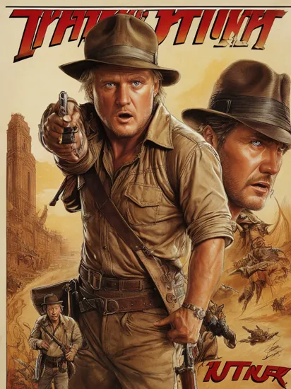 (best quality)+, (Intricate detail)+, film poster style, in the style of Drew Struzan, Rutger Hauer as Indiana Jones