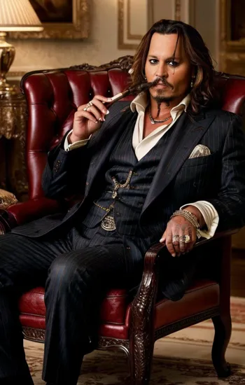 Johnny Depp, Charismatic man @JohnnyDepp, styled hair, dark suit with a cigar, sophisticated ambiance with a deep leather chair, fine drink in hand, rich colors and textures conveying opulence and charisma, an air of composed contemplation in a luxurious setting.