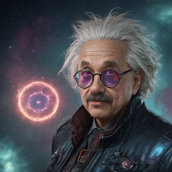 a futuristic biotech Albert Einstein wearing sunglasses with glowing eyes and a nebulae background, stars, smoke, iridescent, intricate detail, octane render, art by android jones, behance contest winner, computer art, darksynth, synthwave, rendered in cinema 4d 8k, trending on artstation, sharp focus, studio photo, intricate details, highly detailed, by greg rutkowski