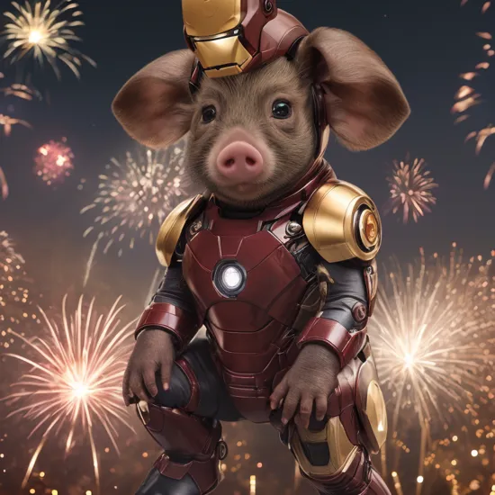 realistic portrait pdalns as a cute alien rpig, (black skin:1), iron man costume, (fireworks background:1.1)