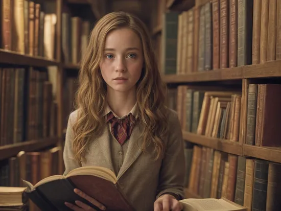 still frame of beautiful emmawats0n in a harry potter movie, in a Hogwarts library, dark moody ambiance, highly detailed, ultra realistic,   
