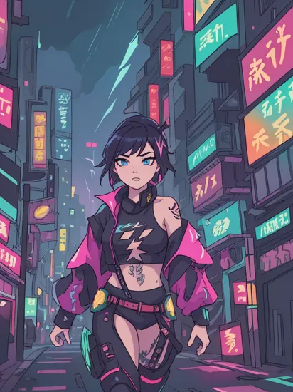 masterpiece, best quality, high quality, Mulan, punk hairstyle, glowing tattoos,
wearing a neon cyberpunk bodysuit outfit, 
cyberpunk style, cyberpunk reimagined, futuristic style, vivid colors, bladerunner,
cyberpunk cityscape, lightning, clouds, rain, neon lights, dark gritty dystopian feel, backlighting, night time lights, neon signs, misty,
beautiful 8k , cinematic scene, detailed background, vivid