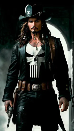 Johnny Depp, The Punisher @JohnnyDepp, his black outfit stark with the distinctive white skull, symbolizes his brutal approach to vigilantism. Armed and unrelenting, his grim demeanor speaks of a man who has made himself judge, jury, and executioner.